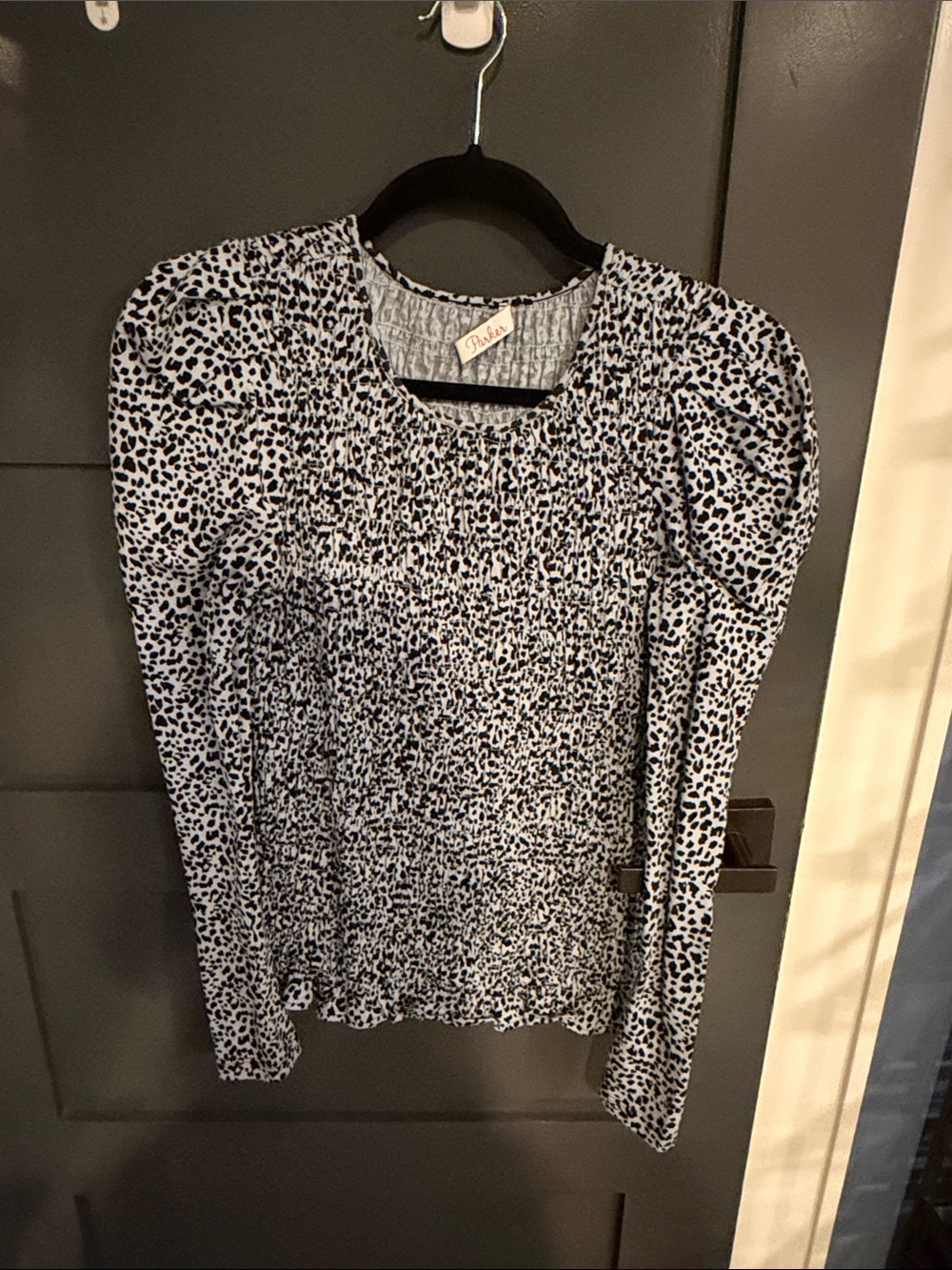 Parker Black and White Leopard Smocked Yoke Long Sleeve Top